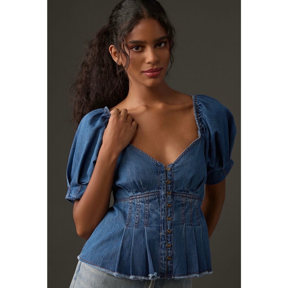 Anthropologie Pilcro Denim Puff Sleeve Open Back Tie Top Blue 24W
